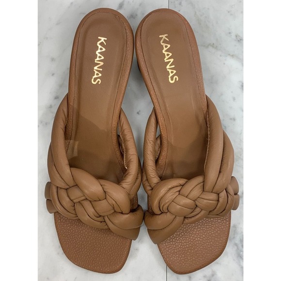 Kaanas Bekasi Sandals Sz 7 Coffee Knot Slip On Leather 2.75" Block Heel EUC - Picture 2 of 13